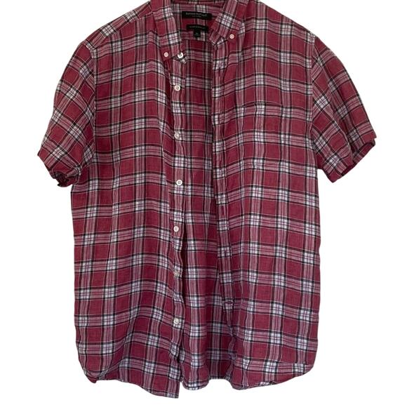 Banana Republic Camden Standard Fit Red Plaid Button Up Linen Shirt, M - Picture 2 of 12